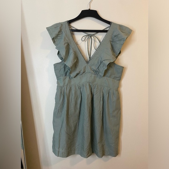 Anthropologie Ruffle V-neck  Mini Dress in Light Gray size small side pockets - Picture 14 of 14